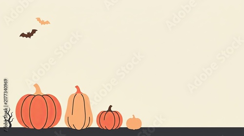 Simple minimalist Halloween background with orange pumpkins in various sizes and flying bats on a cream-colored backdrop
