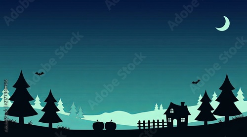 Minimalist night landscape illustration featuring a cozy house, pine trees, and pumpkins under a crescent moon with bats flying, perfect for Halloween or a serene evening scene