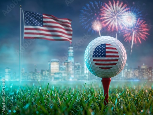 Golf ball with american flag design on a tee with city skyline and fireworks background