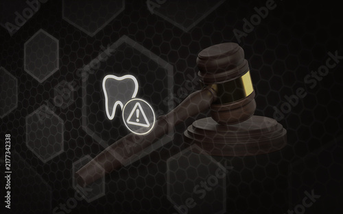 Fotografía Dental malpractice lawsuit concept with a judge gavel and tooth warning symbol,