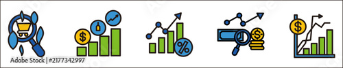 A collection of banner icons themed around business growth and financial analysis, featuring investments, sales increases, profit percentages, data analysis, and financial development.