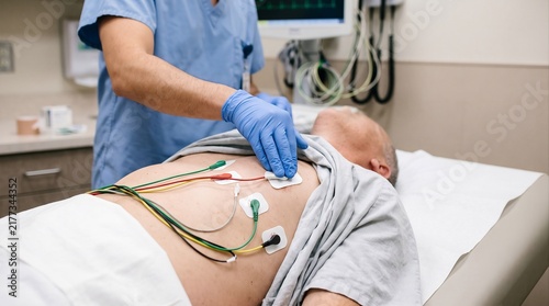 Doctor performing electrocardiogram ECG test on patient chest stock photo