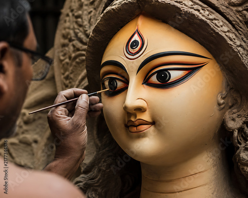 Durga Idol Artist Painting Goddess Durga’s Eye – Traditional Indian Festival Art and Sculpture Making