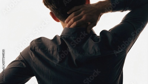 Rear view of man holding his neck suffering from neck pain stock photo