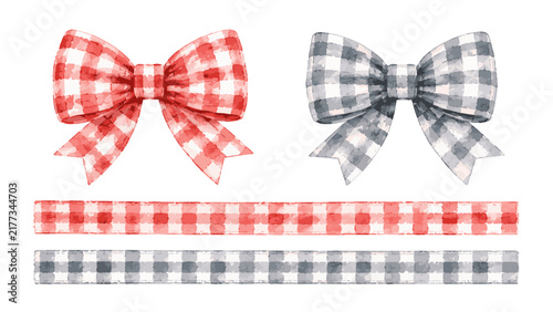 Gingham Bows and Ribbons Watercolor Illustration.