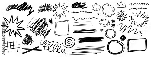 Hand drawn black doodle scribbles with abstract shapes, bursts, lines, circles and sketch marks, ideal for annotations, social media and graphic design