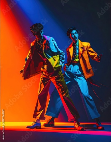 Two men in colorful suits posing against dramatic lighting.