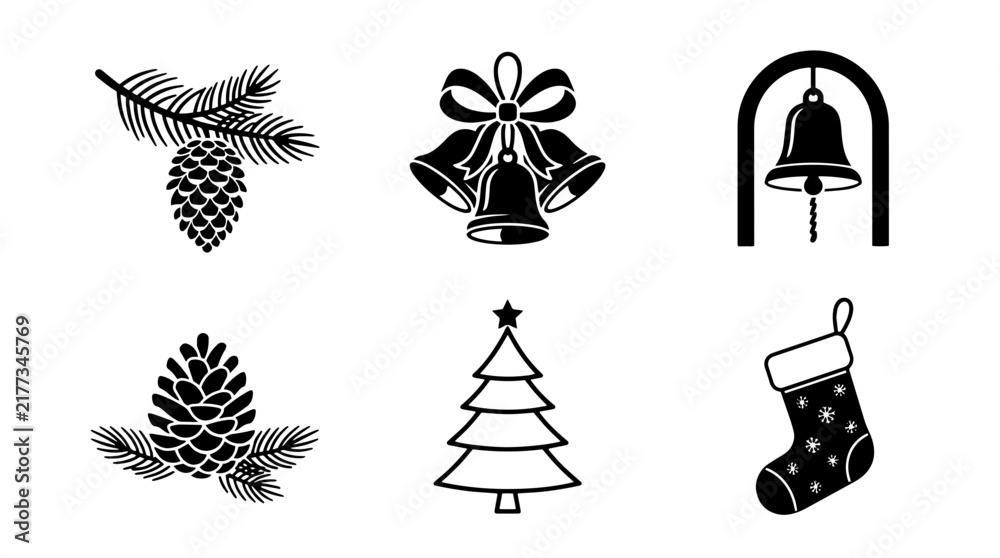 Fototapeta premium Set of black and white Christmas holiday icons featuring pine cones, bells, a tree, and a stocking for seasonal design projects on transparent background