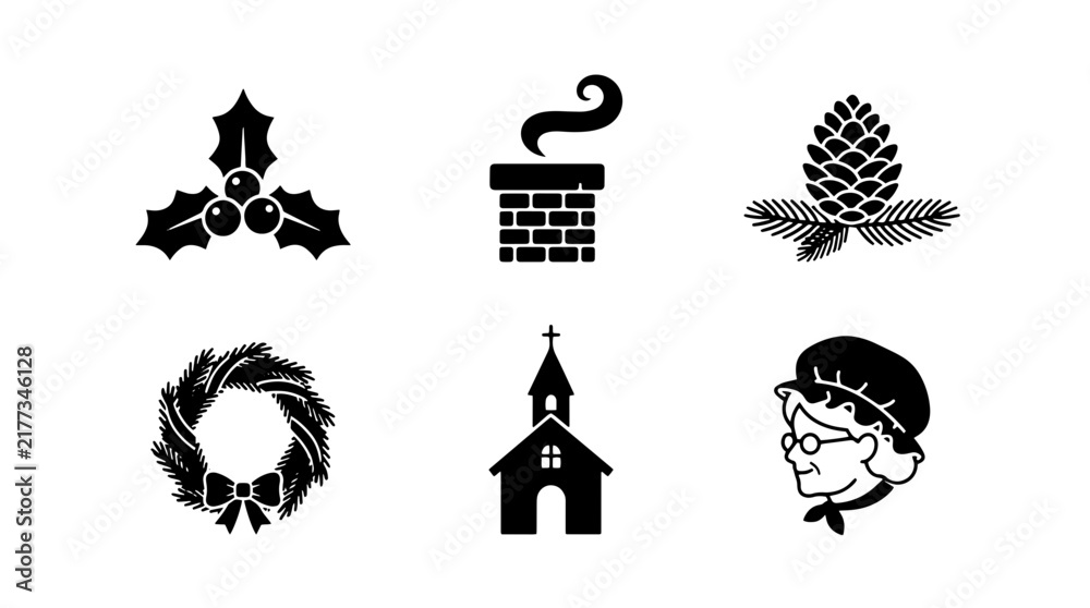 Naklejka premium Set of six black and white Christmas holiday icons featuring holly, chimney, pine cone, wreath, church, and grandmother silhouette for festive seasonal design projects on transparent background