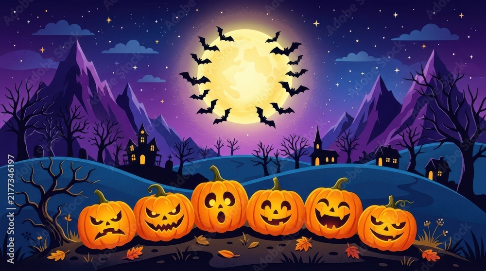 Fototapeta premium Halloween background with a row of carved pumpkins, a full moon, bats, and a spooky village silhouette under a starry night sky