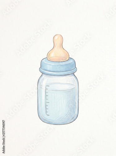 Illustration of a Baby Bottle with Milk in a Soft Color Palette on a Neutral Background
