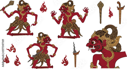 Foto Wayang kulit puppet vector set featuring red giant giant characters, traditional Indonesian shadow theater elements, kris daggers, bludgeons, and red fire ornaments