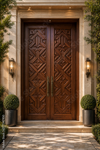 Luxury Walnut Double Door with Deep 3D Geometric Carved Design