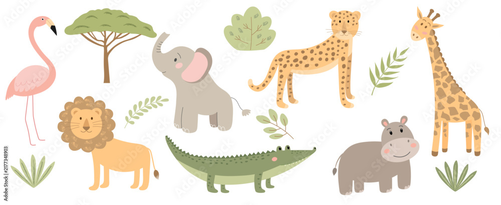 Obraz premium Cute African animal collection. Flamingo, lion, elephant, crocodile, leopard, hippopotamus and giraffe. Vector illustration.