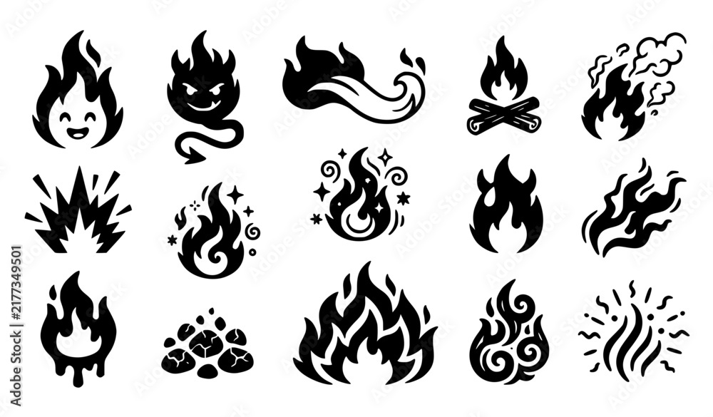 Obraz premium Doodle Fire Flame and Fantasy Heat Symbols Monochrome Vector Collection