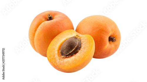 Fresh whole and sliced orange apricots with a pit isolated on transparent background