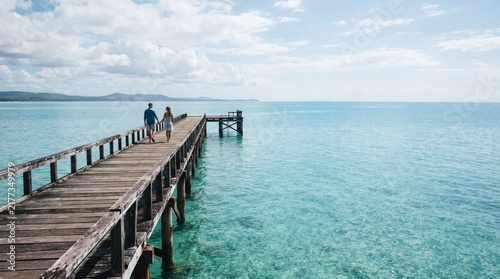 Couple walking on a wooden pier over turquoise ocean water