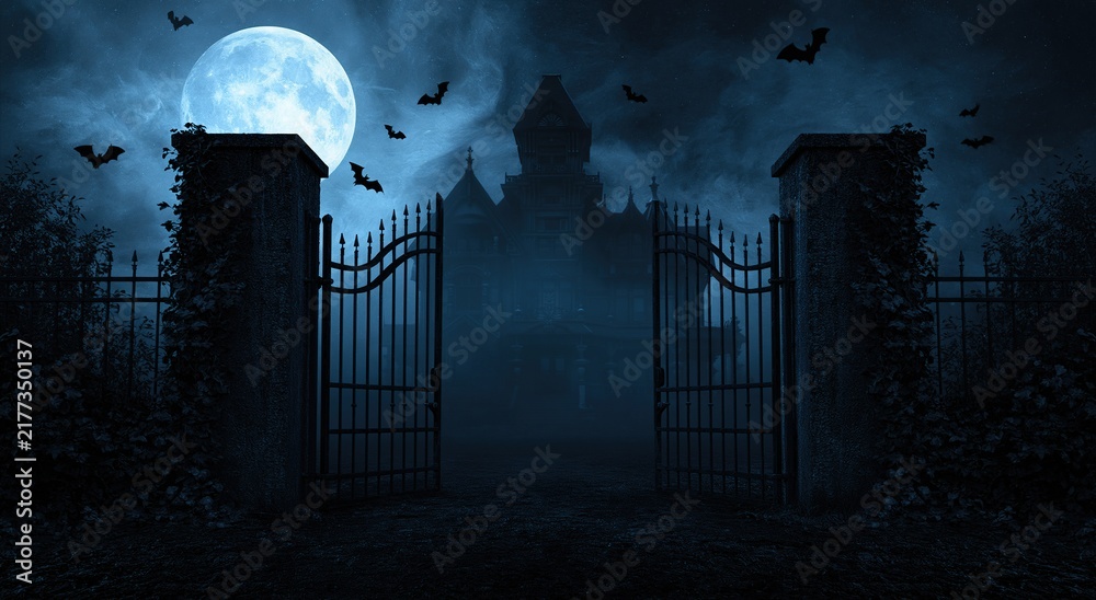 Obraz premium Haunted mansion gate under a bright full moon with flying bats in a dark misty night sky for a spooky gothic horror