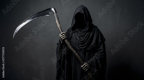 A mysterious figure of death wearing a dark hooded cloak and holding a sharp metal scythe