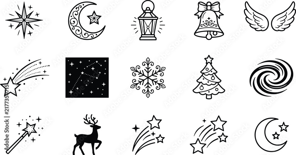 Naklejka premium Christmas magic vector line art icon set featuring celestial stars crescent moon lantern bell angel wings reindeer snowflake and holiday tree elements