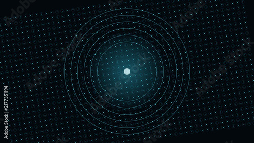 Abstract digital technology background with glowing center point and concentric radar rings over dark blue grid