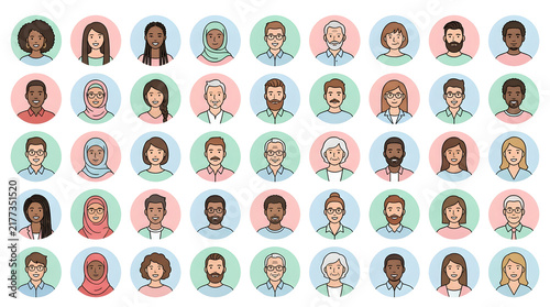 Diverse Avatars Representing Humanity: A colorful collection of circular profile pictures displays a wide range of human faces, showcasing diversity in age, gender, ethnicity, and style.