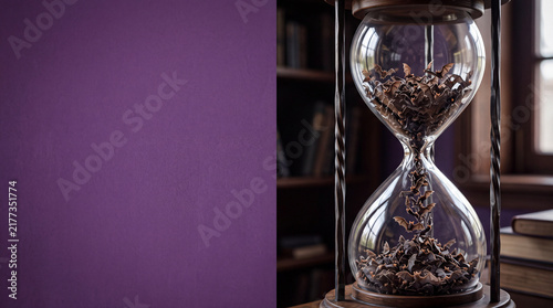 Hourglass with Falling Bats Instead of Sand, Surreal Halloween Object on Solid Purple Background with Copy Space