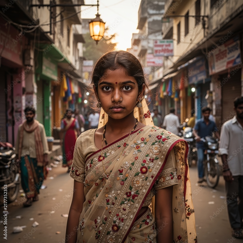 Fototapeta premium Portrait d'une jeune fille indienne en sari traditionnel dans une rue animée de village, généré par IA