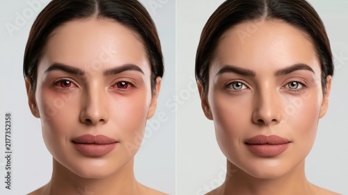 Before and After Conjunctivitis Treatment Collage of a Woman's Red, Irritated Eye and Healthy, Recovered Eye  