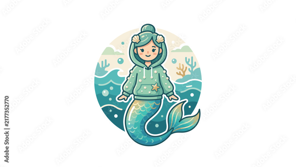 Fototapeta premium Mermaid character in green hoodie with ocean backdrop.