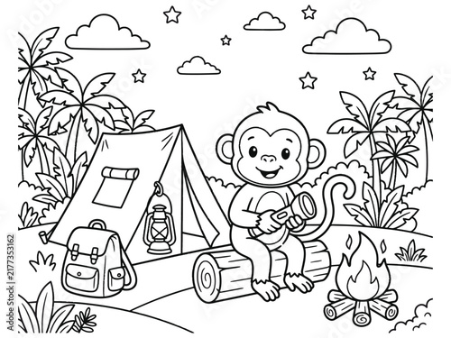 Photography Cute cartoon monkey sitting on a log by a campfire near a tent in the jungle col