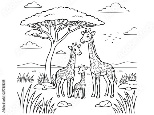 Photography A black and white line art coloring page featuring a family of giraffes standing