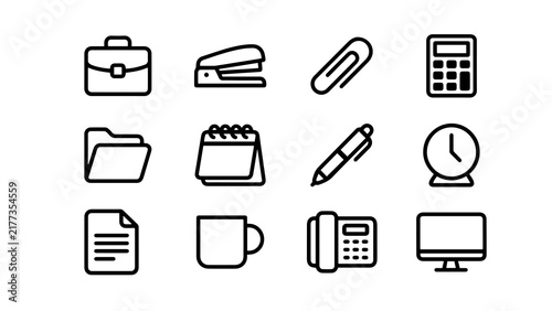 Business office workspace line art icons, corporate management outline collection