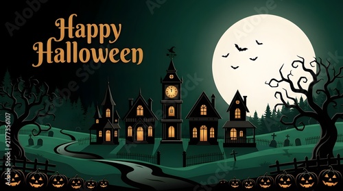 Happy halloween landscape featuring haunted houses and pumpkin patch at night halloween pumpkins