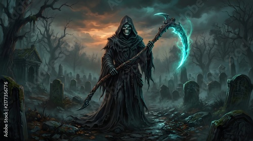 Grim reaper standing in a dark foggy graveyard holding a glowing magical scythe at sunset