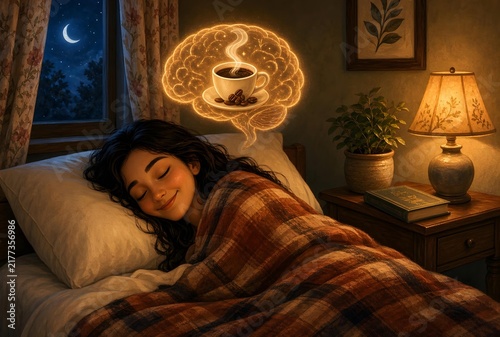 A smiling woman sleeps in a cozy bedroom at night, thinking about the next day coffee. A glowing brain above her head shows a steaming cup of coffee inside it. Warm lamp light, moonlight