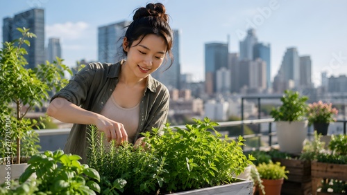 Young adult caring for green herbs in a sunny urban rooftop garden