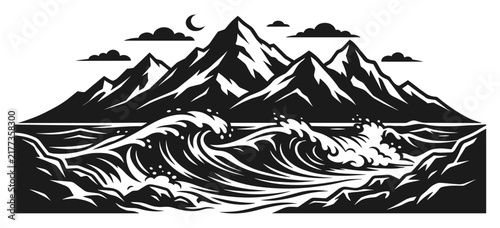 Mountain landscape with waves and crescent moon symbol