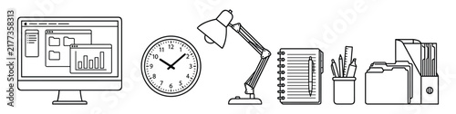 Office equipment and stationery items line art elements
