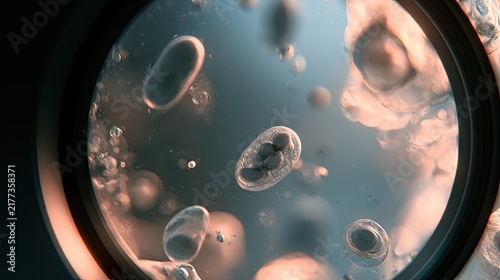 Microscopic view of oval-shaped organisms with internal structures, floating