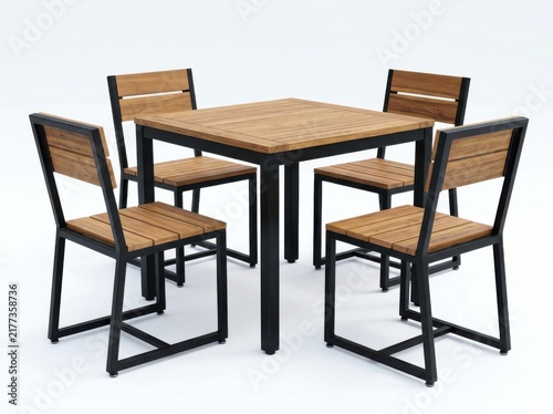 Modern square wooden dining table with four metal chairs