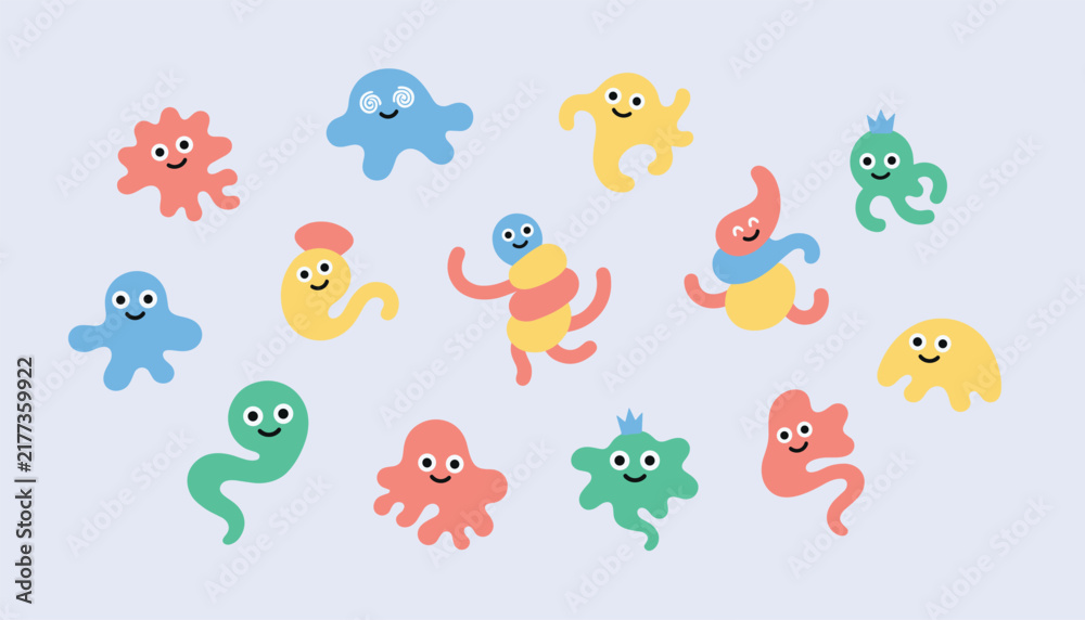 Fototapeta premium Group of cute colorful cartoon monster blobs and smiling bacteria characters isolated on a light lavender background.