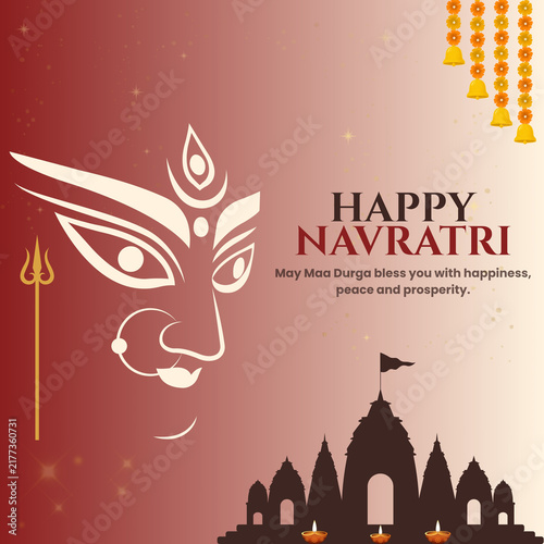 Happy Navratri Festival Greeting with Goddess Shakti Illustration, Temple Silhouette and Traditional Decoration