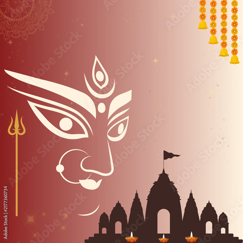 Navratri Festival Background with Abstract Goddess Shakti Face, Temple Silhouette, Trident and Decorative Bells