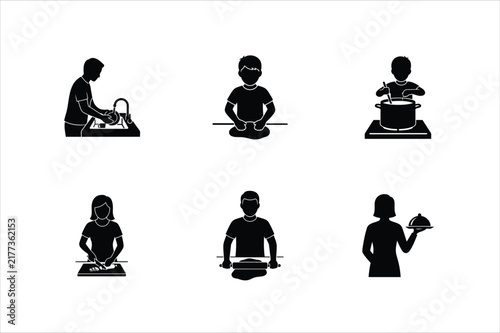 Kitchen-Activities Icon Set Representing Cooking, Kneading, Washing Dishes, Chopping, and Serving Food