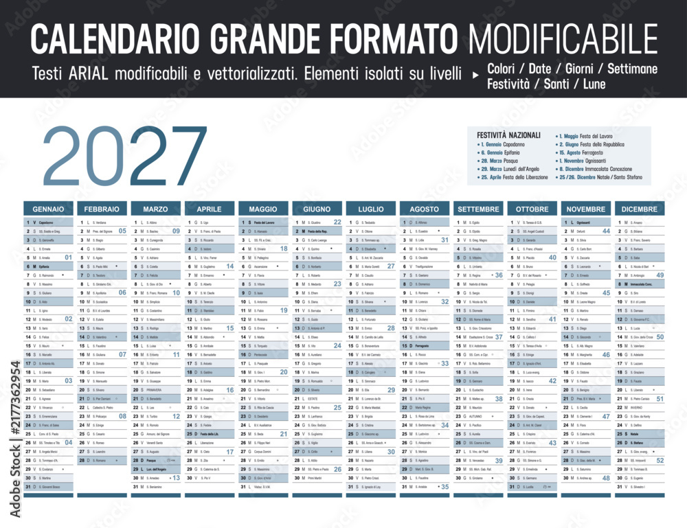 Obraz premium Calendario 2027 italiano grande formato modificabile, pianificatore annuale orizzontale vettoriale con festività e santi