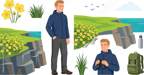 Canvas Print Male hiker ecotourism vector set with cliff landscape holding binoculars backpack water bottle wild yellow flowers isolated design elements