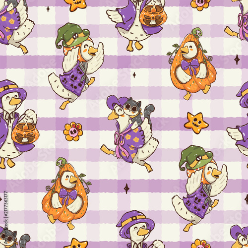 Cute goose halloween pattern with hand drawn animal characters, pumpkin costumes and spooky seasonal elements for textile, fabric, wrapping paper and surface design