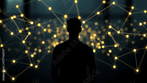 A glowing network of nodes forming a human silhouette on a dark background.