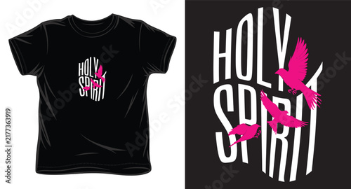 Minimalist religious streetwear t-shirt with holy spirit text and three pink bird silhouettes.